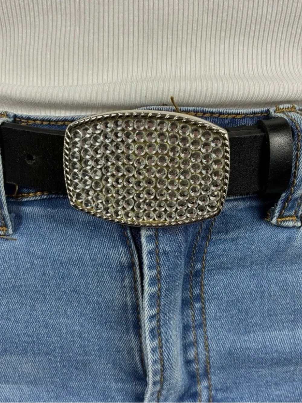 Steve Madden Womens belt Sz M Black Leather Silver Crystal Buckle Whimsygoth